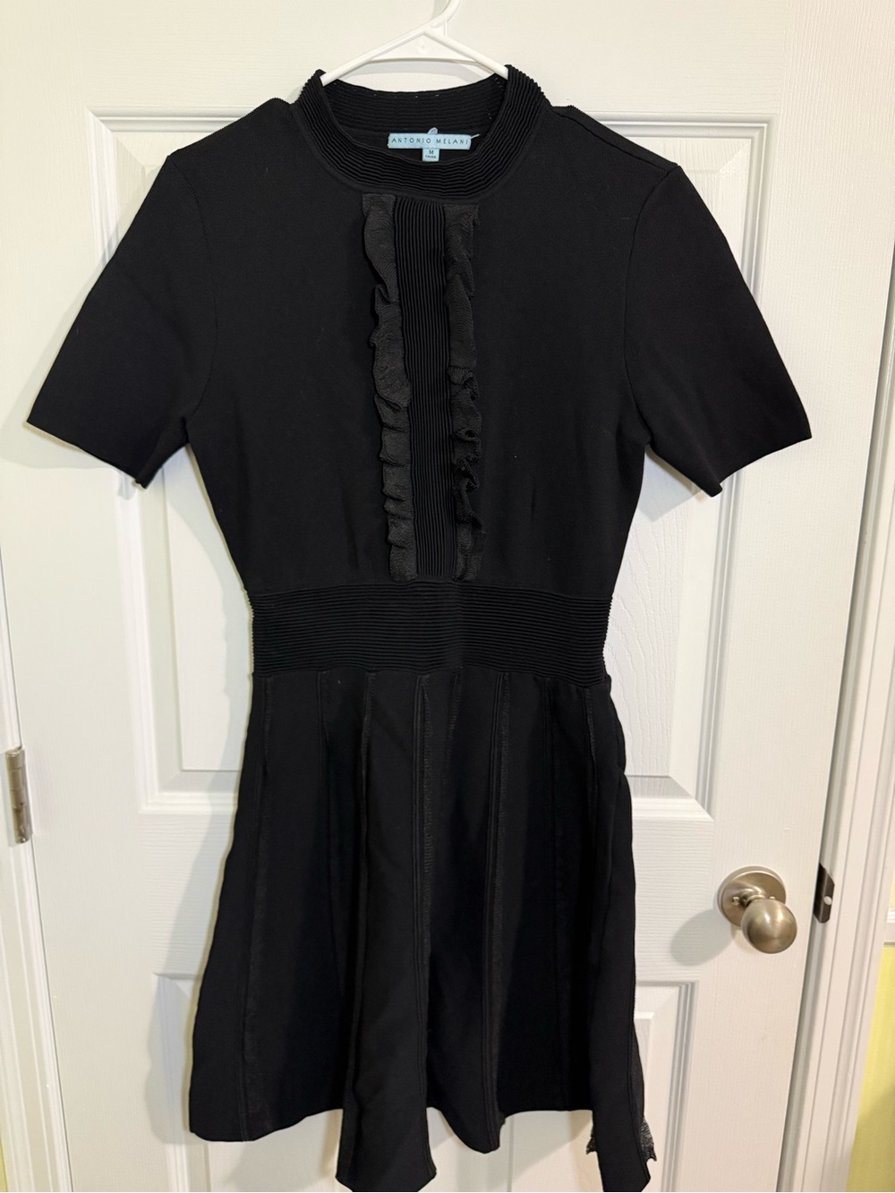 ANTONIO MELANI Black Ruffle-Front Short-Sleeve Fit-and-Flare Dress